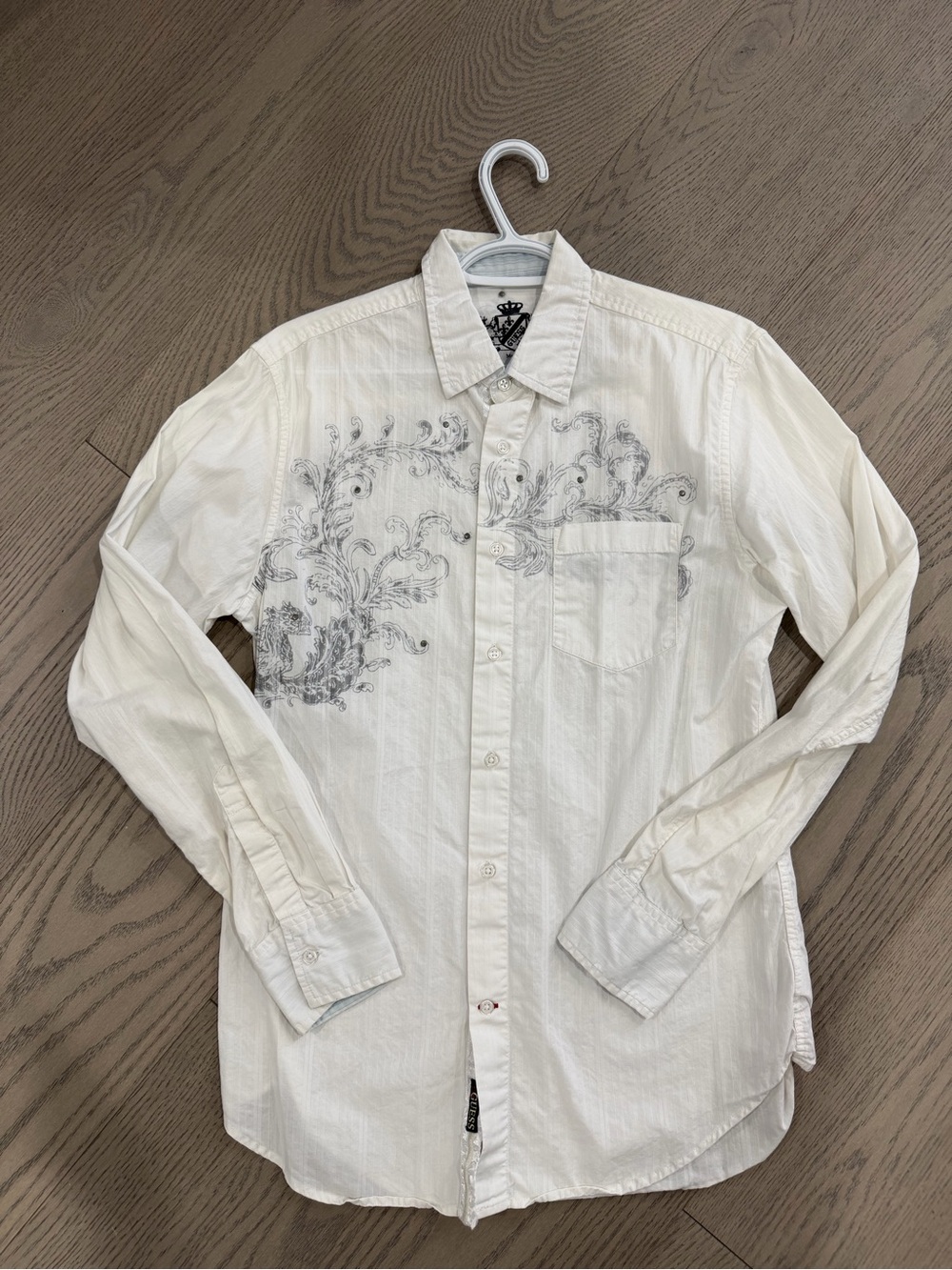 Men's White Long-Sleeve Button-Up Shirt with Subtle Gray Print